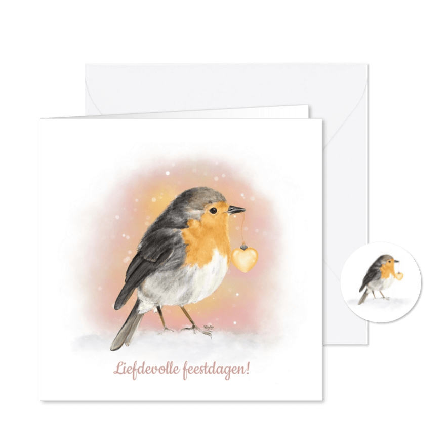 Kerstkaart schatttig roodborstje met een hartjes kerstbal - Kaartimpressie