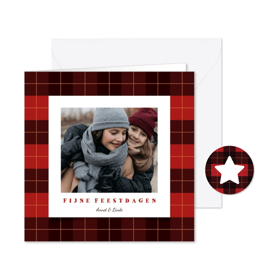 Kerstkaart schots ruitpatroon met foto en tekst - Kaartimpressie