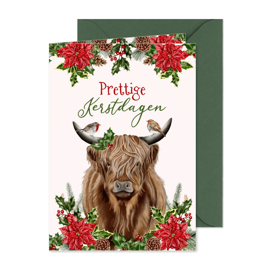 Kerstkaart schotse hooglander met roodborstjes - Kaartimpressie