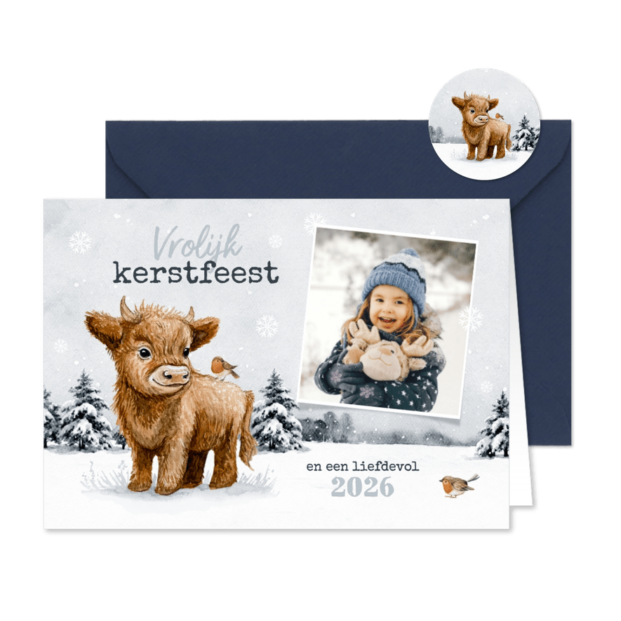 Kerstkaart Schotse hooglander roodborstjes foto winter - Kaartimpressie