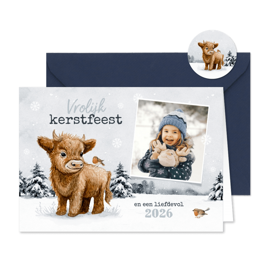 Kerstkaart Schotse hooglander roodborstjes foto winter - Kaartimpressie