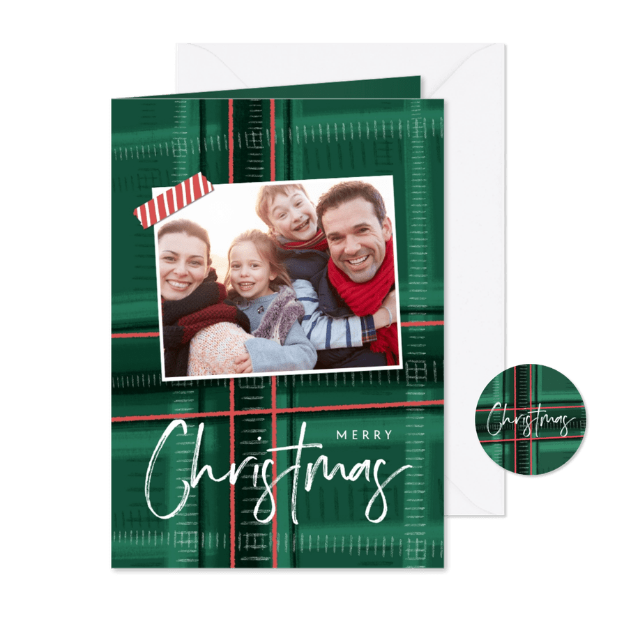 Kerstkaart schotse ruit nostalgisch groen foto tape - Kaartimpressie