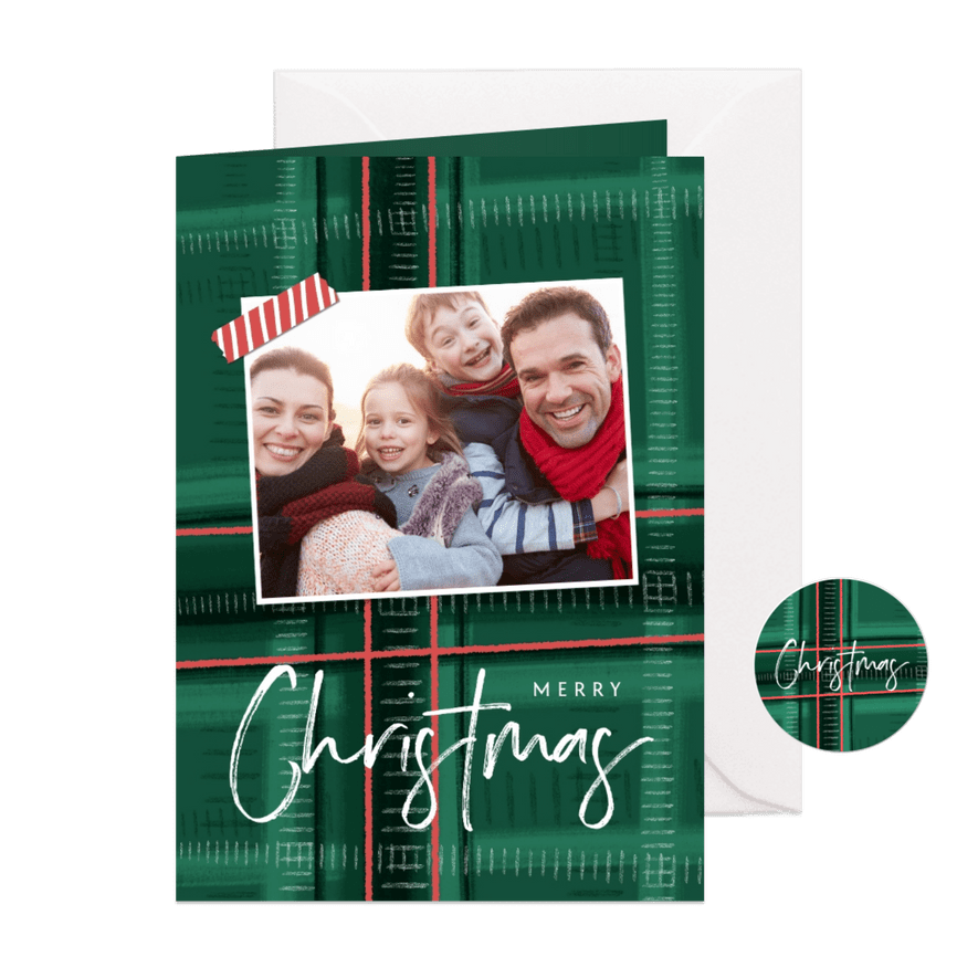 Kerstkaart schotse ruit nostalgisch groen foto tape - Kaartimpressie