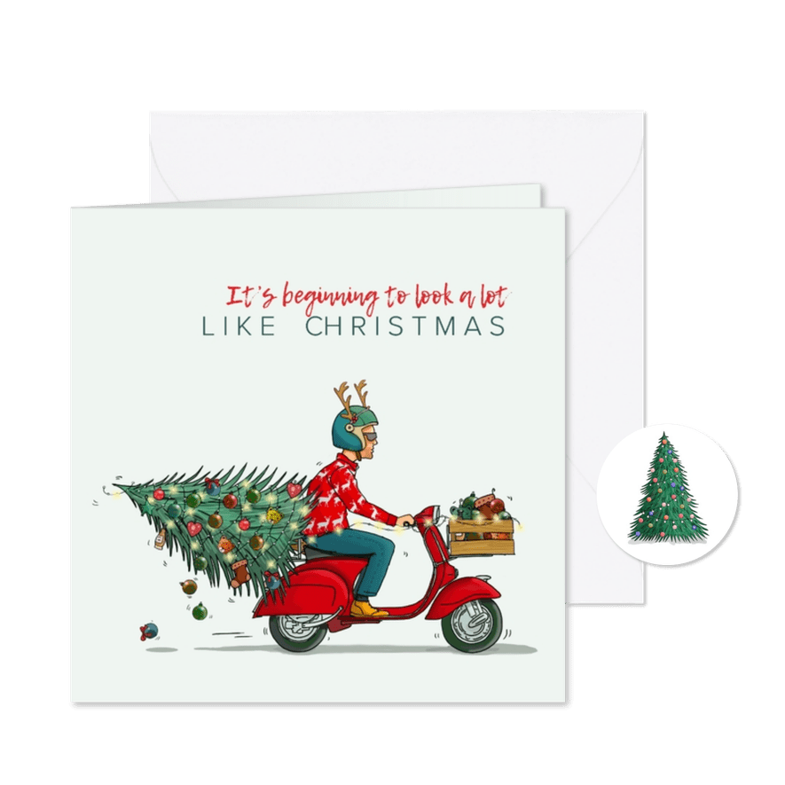 Kerstkaart scooter met kerstboom - Kaartimpressie