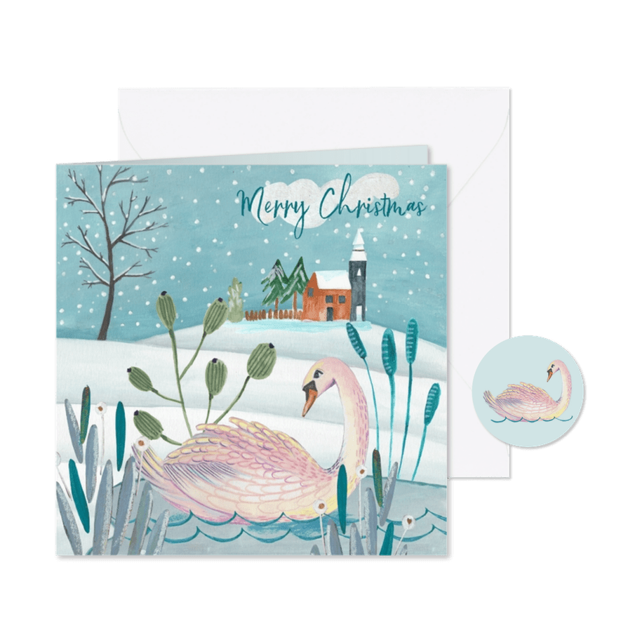 Kerstkaart 'seven swans a swimming' illustratie - Kaartimpressie