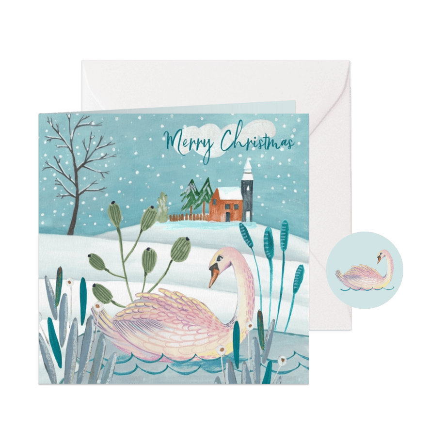 Kerstkaart 'seven swans a swimming' illustratie - Kaartimpressie