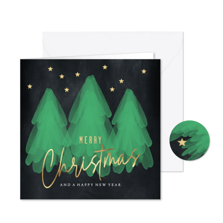 Kerstkaart sfeervolle kerstbomen en sterren - Kaartimpressie