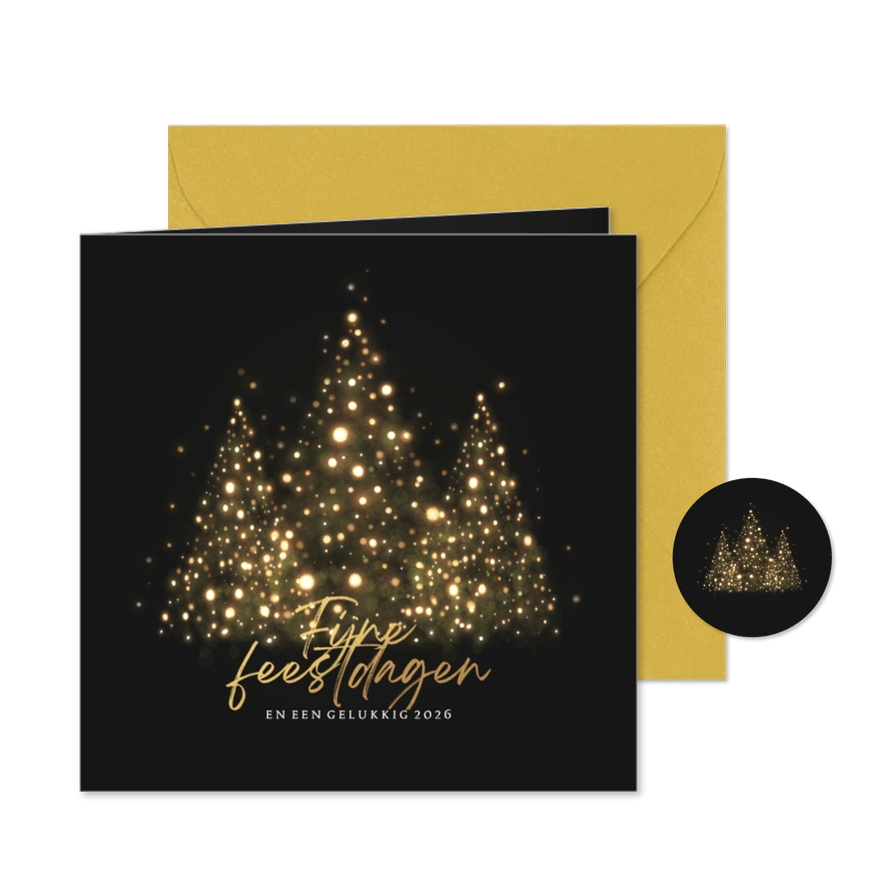 Kerstkaart silhouet kerstbomen met gouden lampjes - Kaartimpressie