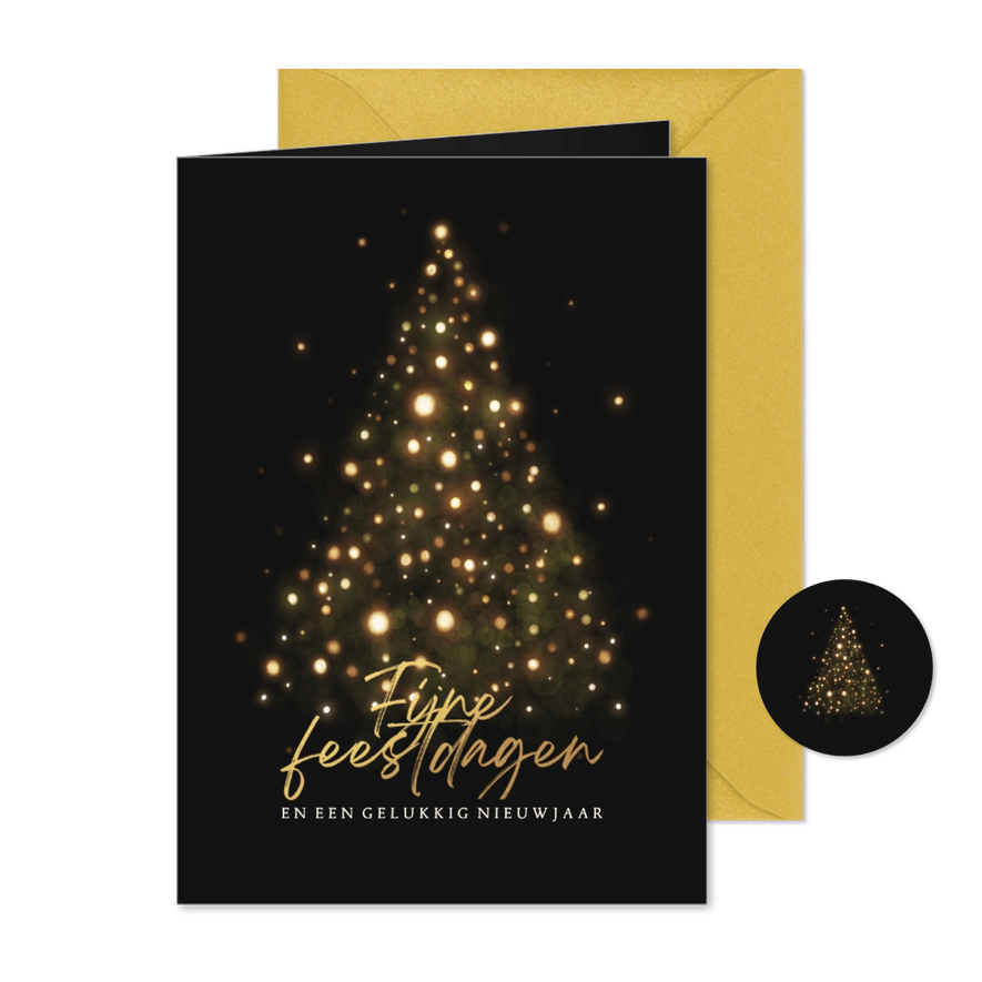 Kerstkaart silhouet kerstboom met gouden lampjes - Kaartimpressie