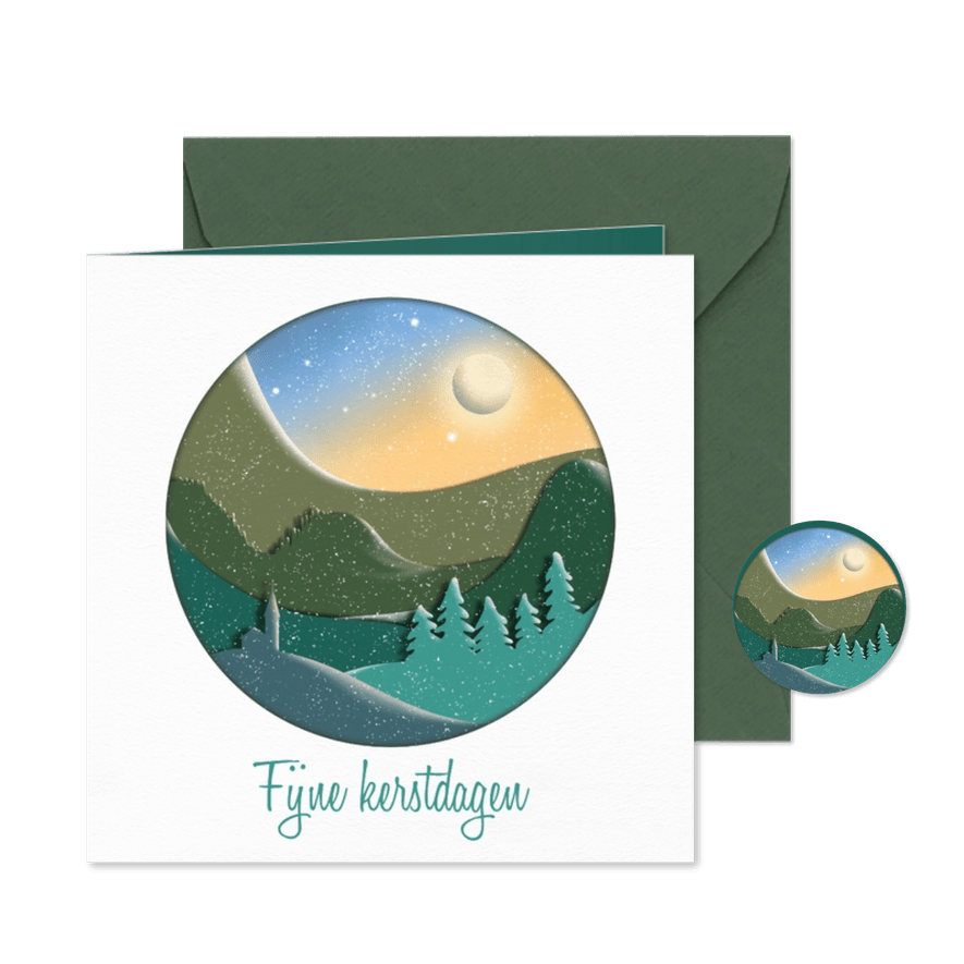 Kerstkaart silhouet landschap in rond kader - Kaartimpressie
