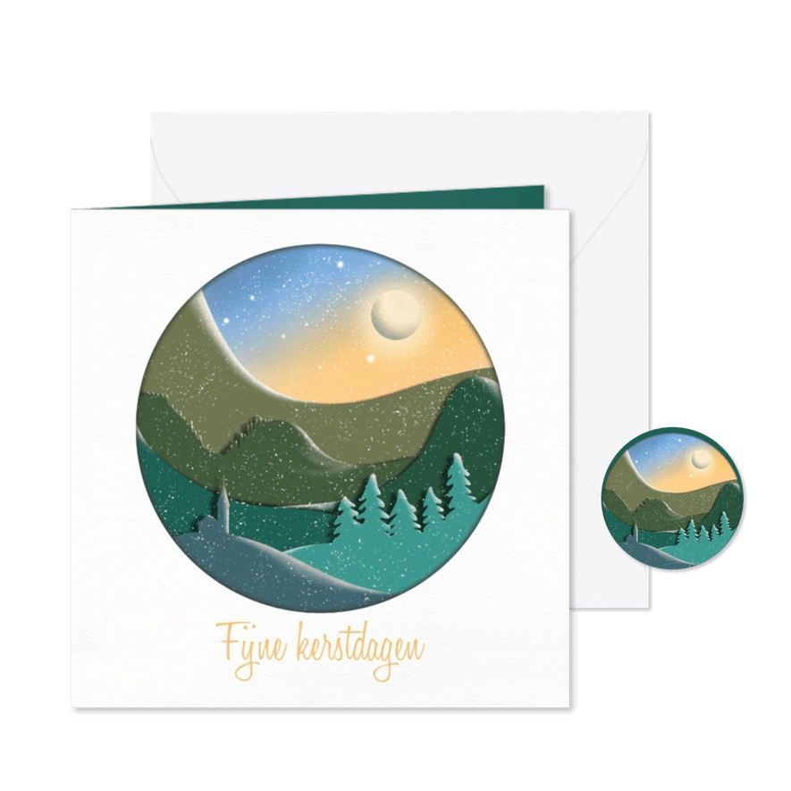Kerstkaart silhouet landschap in rond kader - Kaartimpressie
