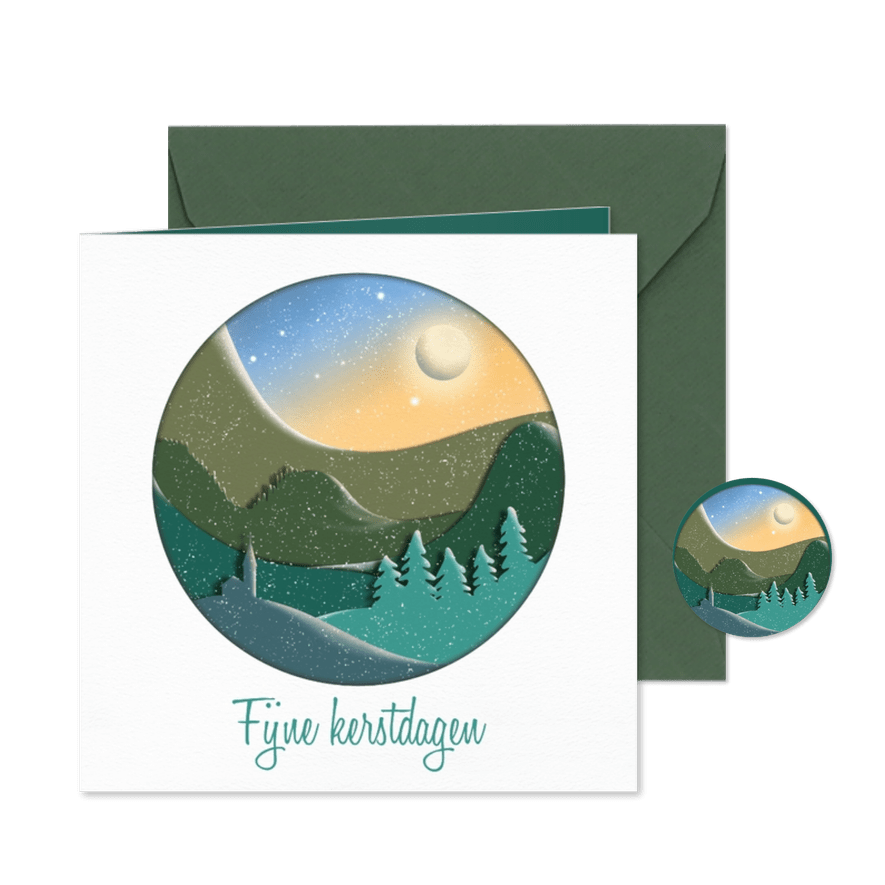 Kerstkaart silhouet landschap in rond kader - Kaartimpressie