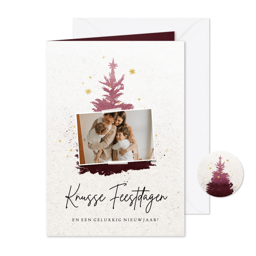 Kerstkaart silhouet watercolour kerstboom foto sterren - Kaartimpressie