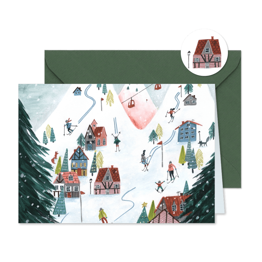 Kerstkaart ski dorp in de sneeuw - Kaartimpressie