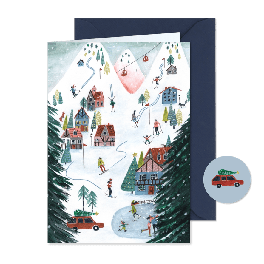 Kerstkaart ski landschap illustratie - Kaartimpressie