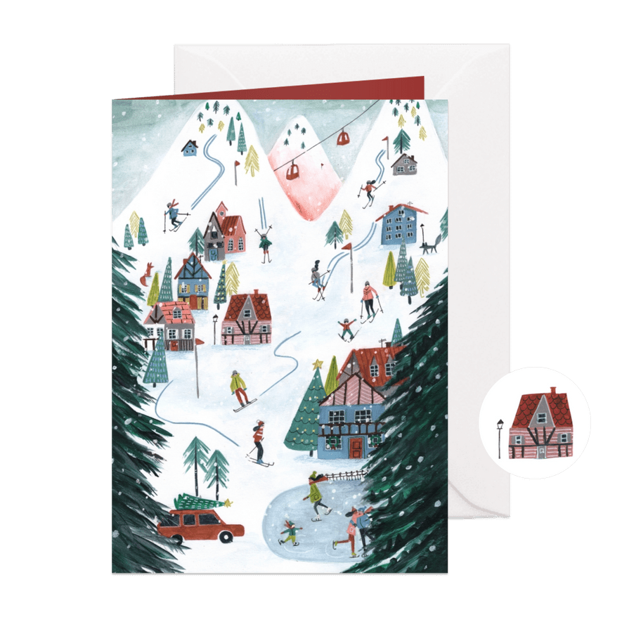 Kerstkaart ski landschap illustratie - Kaartimpressie