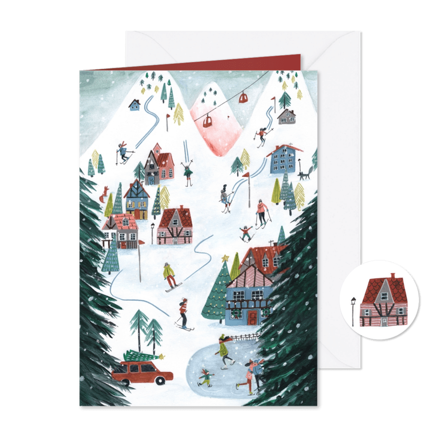 Kerstkaart ski landschap illustratie - Kaartimpressie