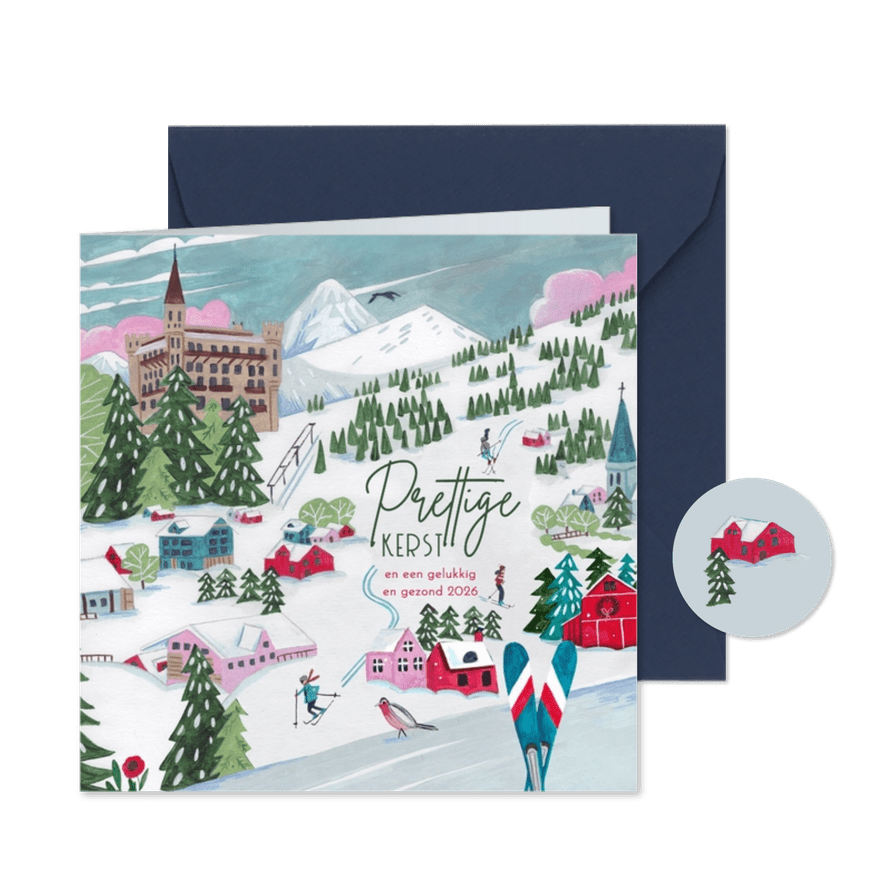 Kerstkaart ski landschap in de bergen met sneeuw - Kaartimpressie