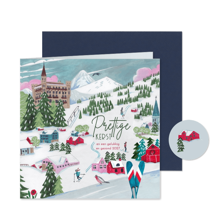 Kerstkaart ski landschap in de bergen met sneeuw - Kaartimpressie
