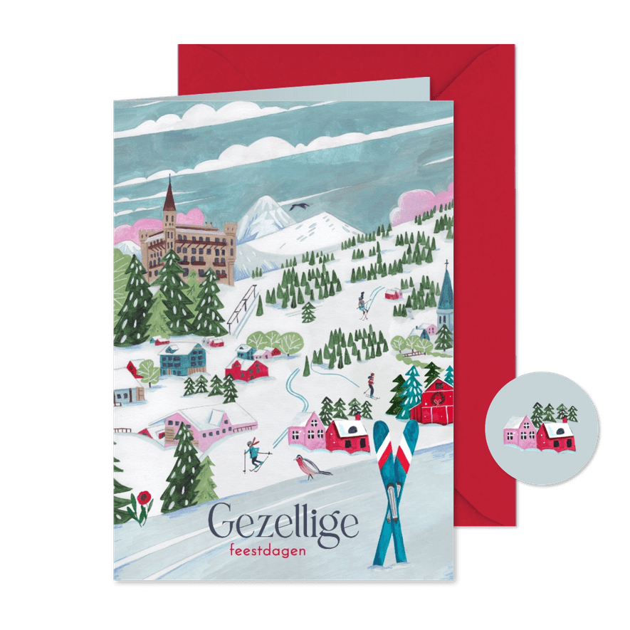 Kerstkaart ski landschap met bergen en sneeuw - Kaartimpressie