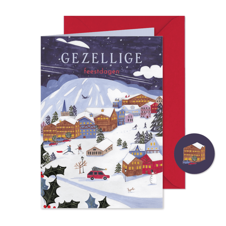 Kerstkaart ski landschap met bergen sneeuw en huisjes - Kaartimpressie