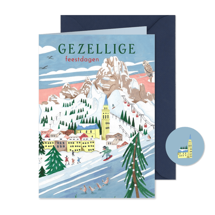 Kerstkaart ski landschap met bergen, sneeuw en kerkje - Kaartimpressie