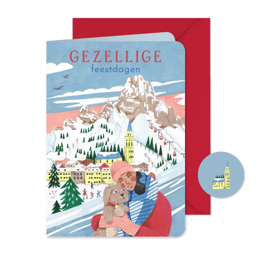 Kerstkaart ski landschap met bergen vrouw met hond - Kaartimpressie