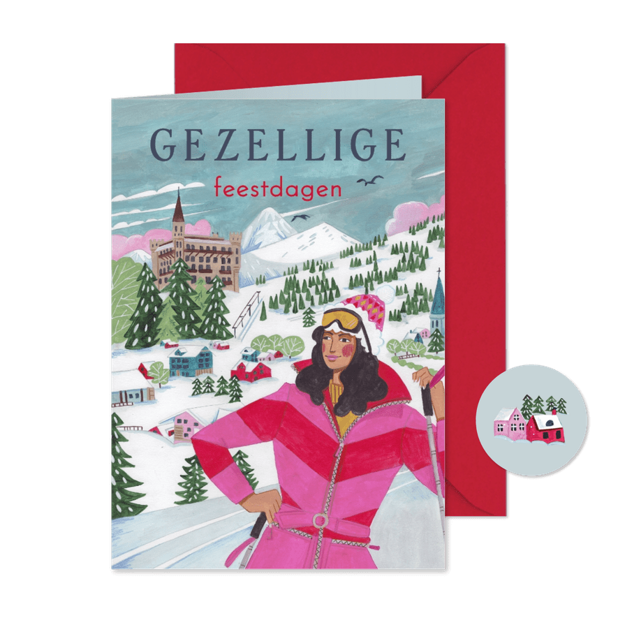 Kerstkaart ski landschap met vrouw in skipak - Kaartimpressie