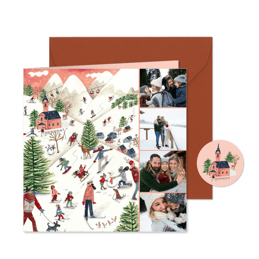 Kerstkaart skiën in de bergen met foto - Kaartimpressie
