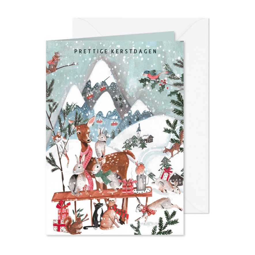 Kerstkaart sneeuw landschap met bos dieren - Kaartimpressie