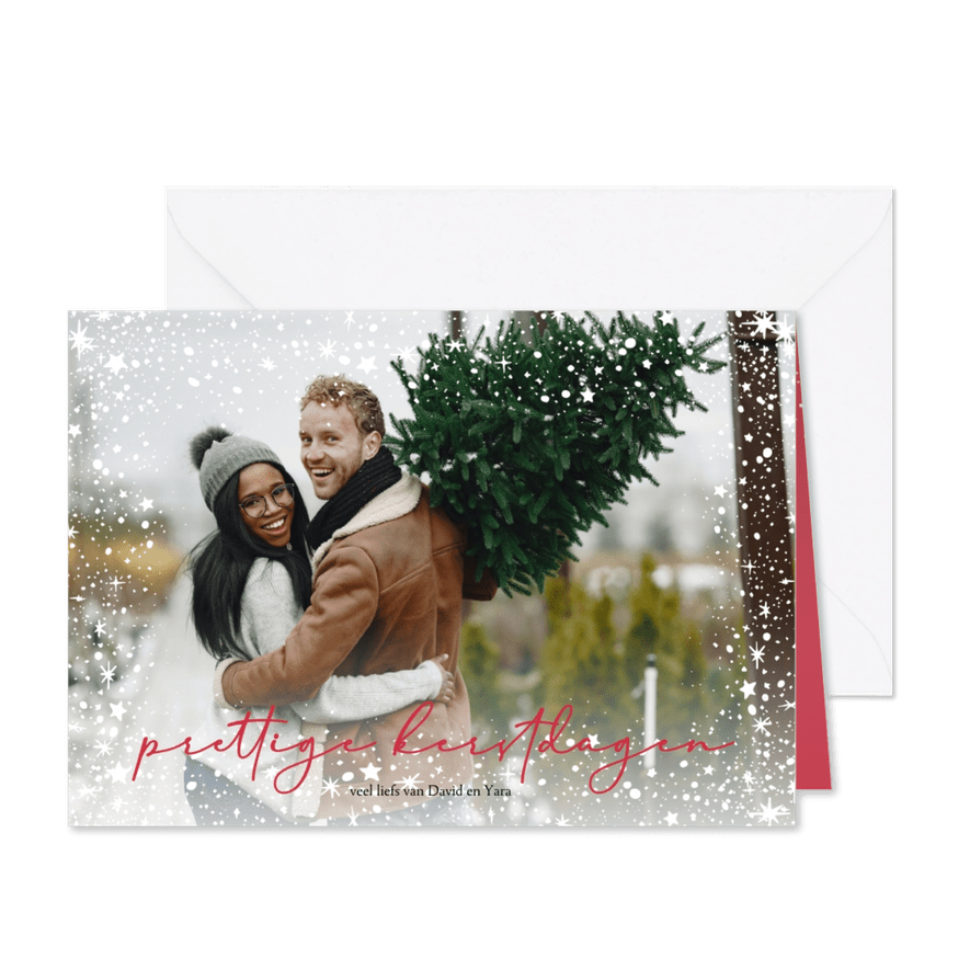 Kerstkaart sneeuw sterren sneeuw rood - Kaartimpressie