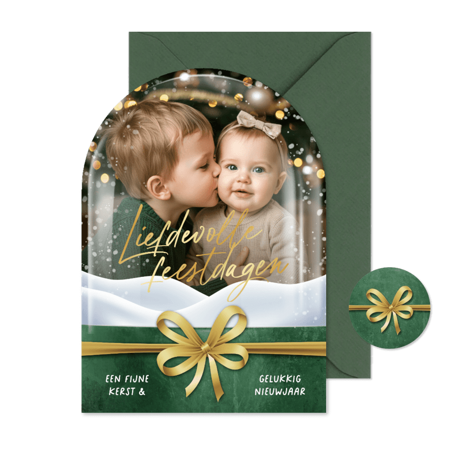 Kerstkaart sneeuwbol foto liefdevolle feestdagen strik goud - Kaartimpressie