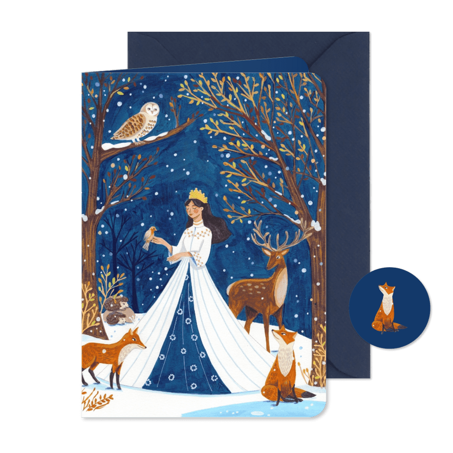 Kerstkaart sneeuwkoningin in het dieren bos - Kaartimpressie