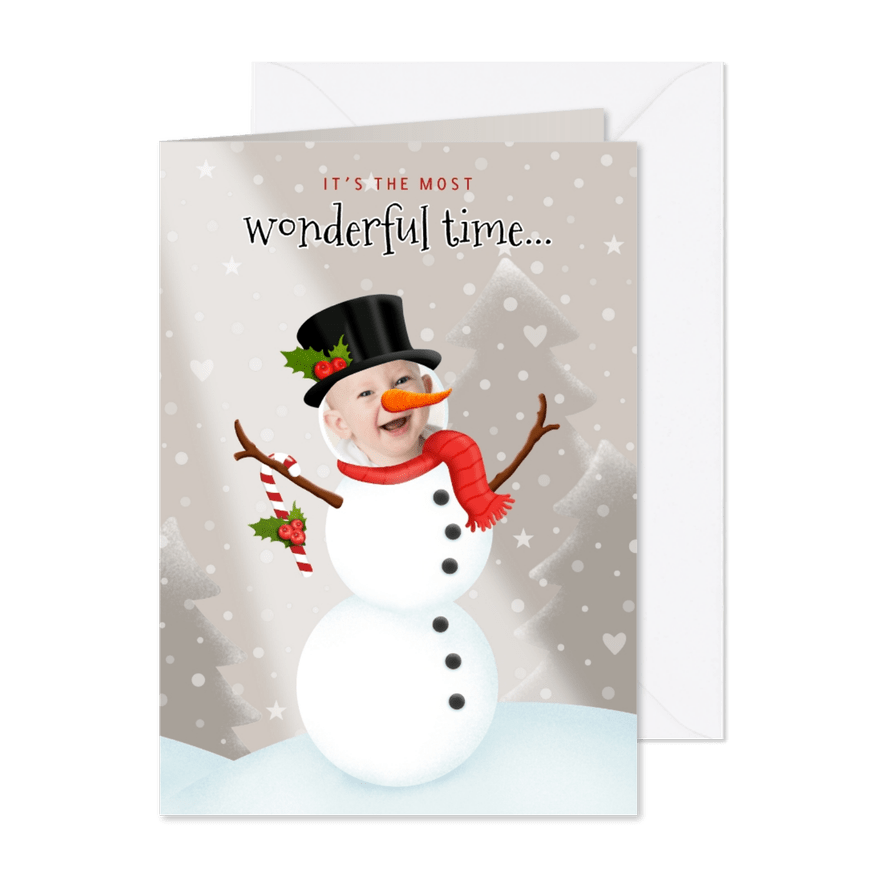 Kerstkaart sneeuwman fotocollage - Kaartimpressie