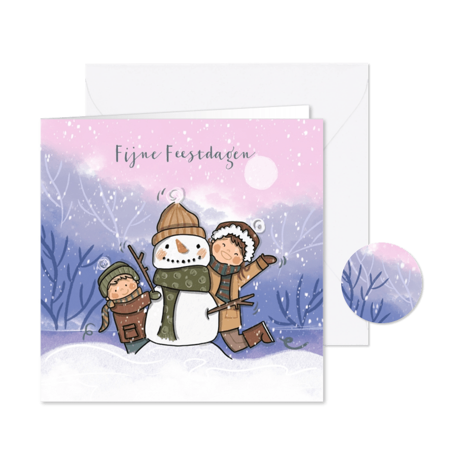Kerstkaart sneeuwpop met kindjes - Kaartimpressie