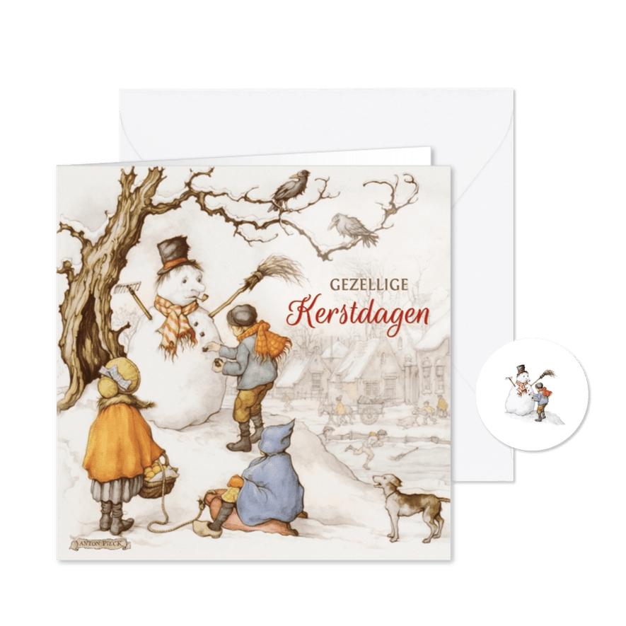 Kerstkaart sneeuwpop met spelende kinderen - Kaartimpressie