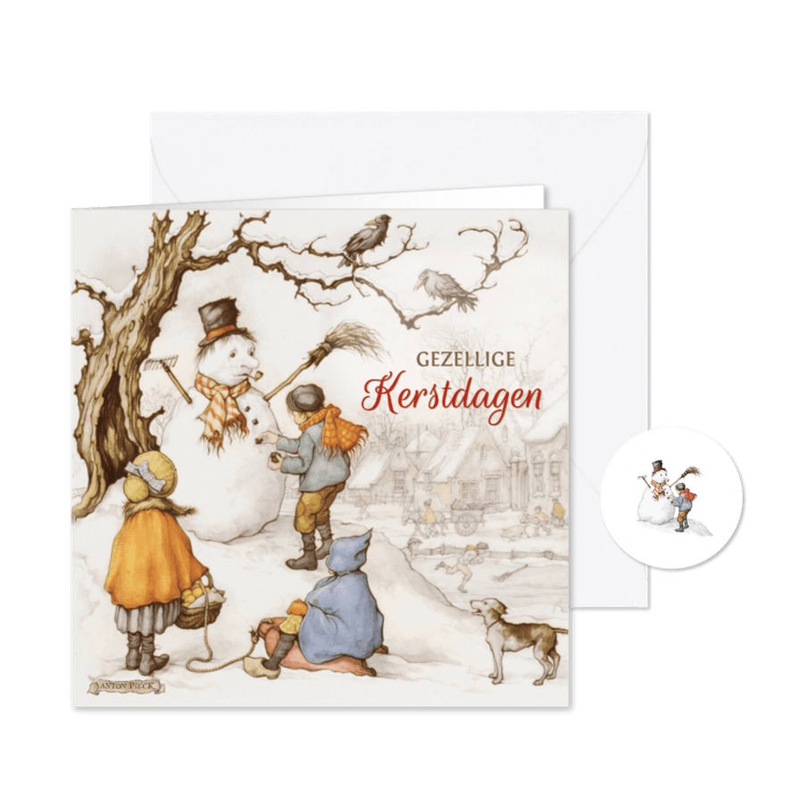 Kerstkaart sneeuwpop met spelende kinderen - Kaartimpressie