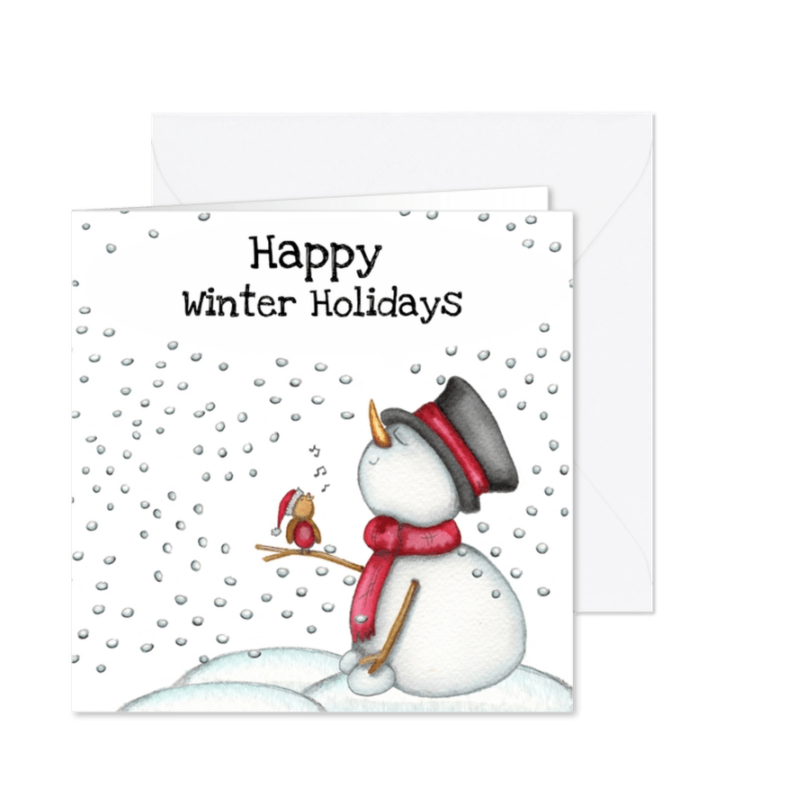 Kerstkaart sneeuwpop met vogeltje - Kaartimpressie