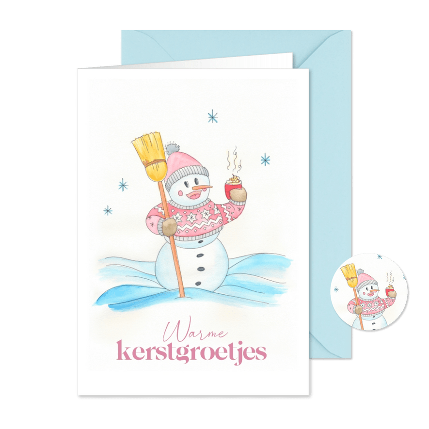 Kerstkaart sneeuwpop met warme chocolademelk - Kaartimpressie