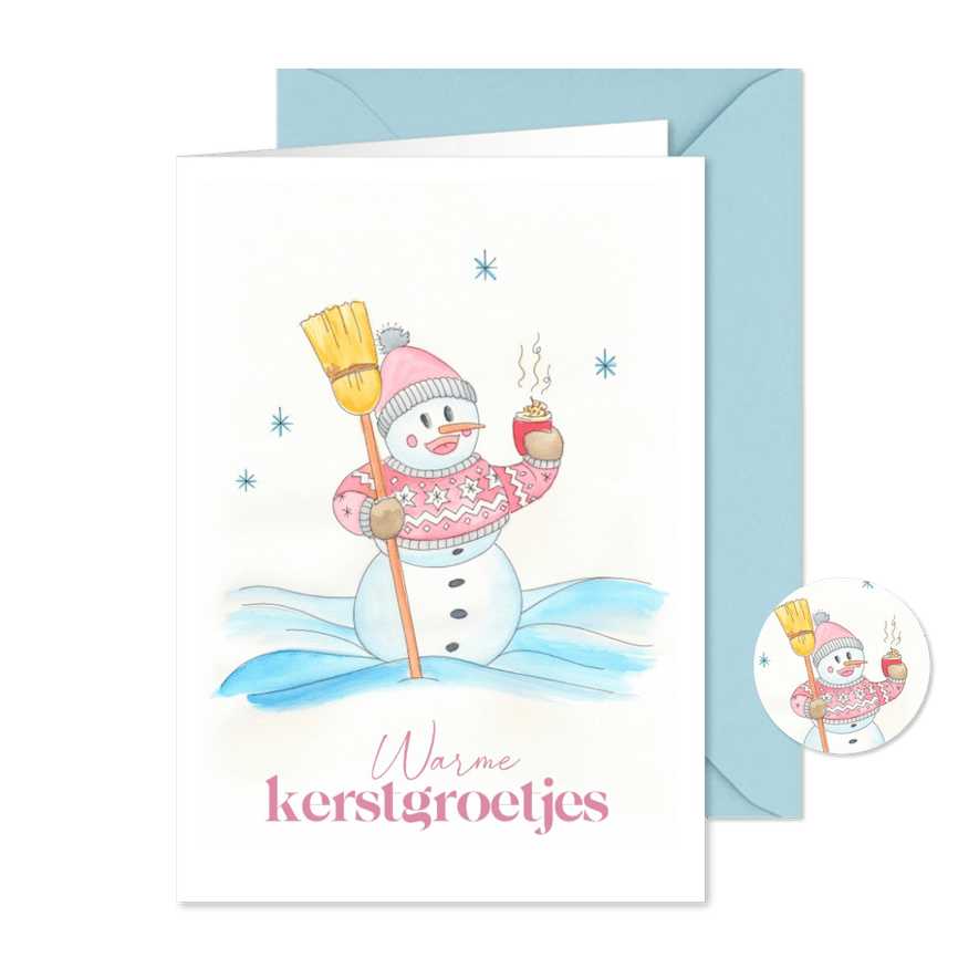 Kerstkaart sneeuwpop met warme chocolademelk - Kaartimpressie