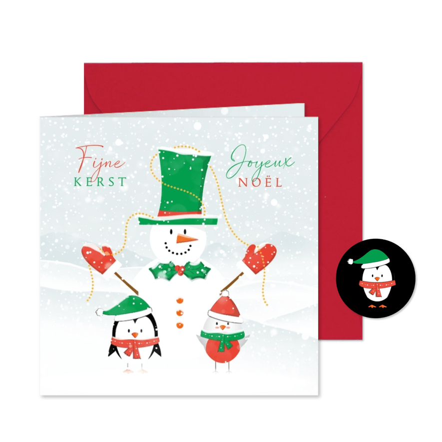 Kerstkaart sneeuwpop pinguïn roodborstje winterlandschap - Kaartimpressie