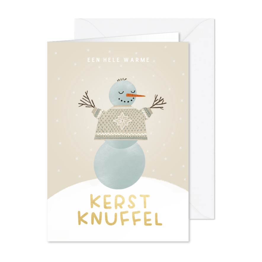 Kerstkaart sneeuwpop warme kerstknuffel beige - Kaartimpressie