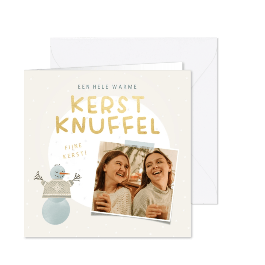Kerstkaart sneeuwpop warme kerstknuffel met foto - Kaartimpressie