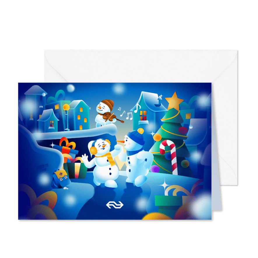 Kerstkaart sneeuwpoppen in een winters dorpje NS Wintercity - Kaartimpressie