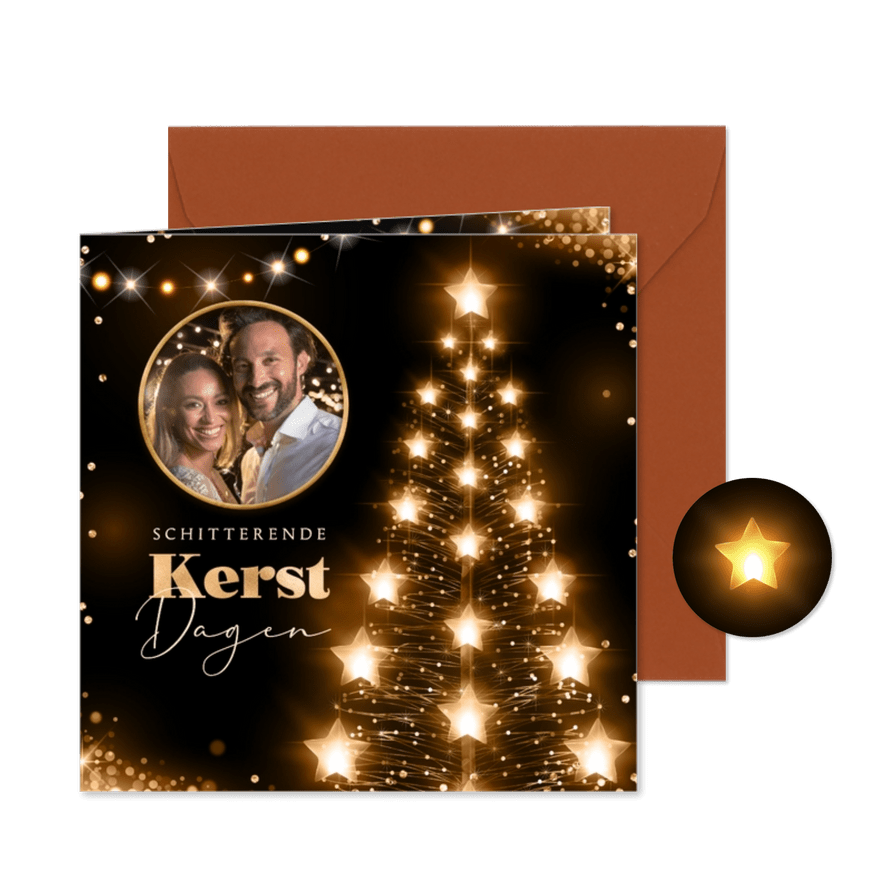 Kerstkaart sparkle and shine lichtgevende kerstboom sterren - Kaartimpressie