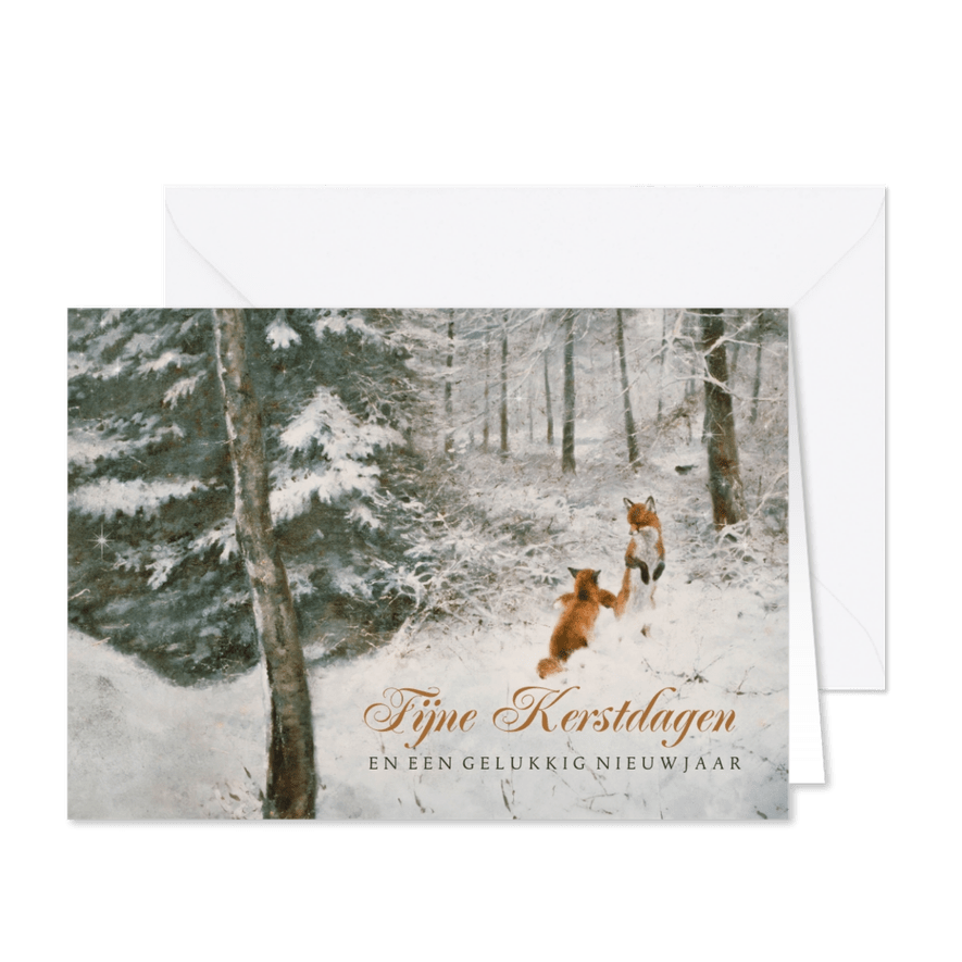 Kerstkaart spelende vossen in het bos - Kaartimpressie