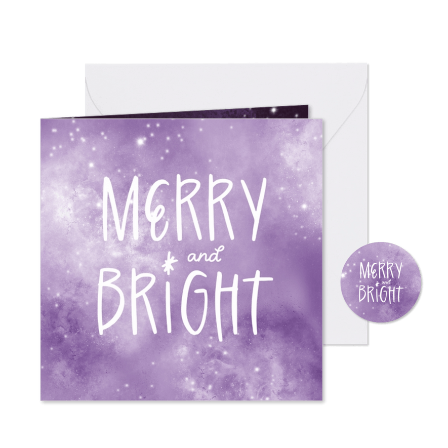 Kerstkaart sprankelend glitter paars merry and bright - Kaartimpressie