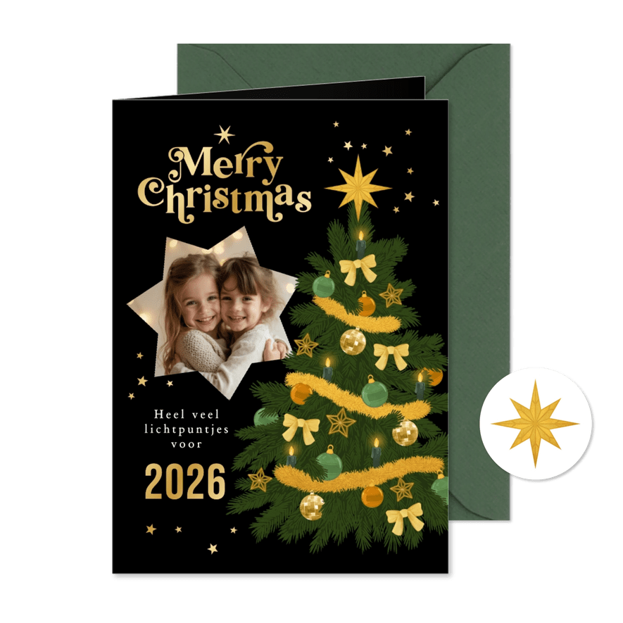 Kerstkaart sprankelend goud kerstboom sterren foto - Kaartimpressie