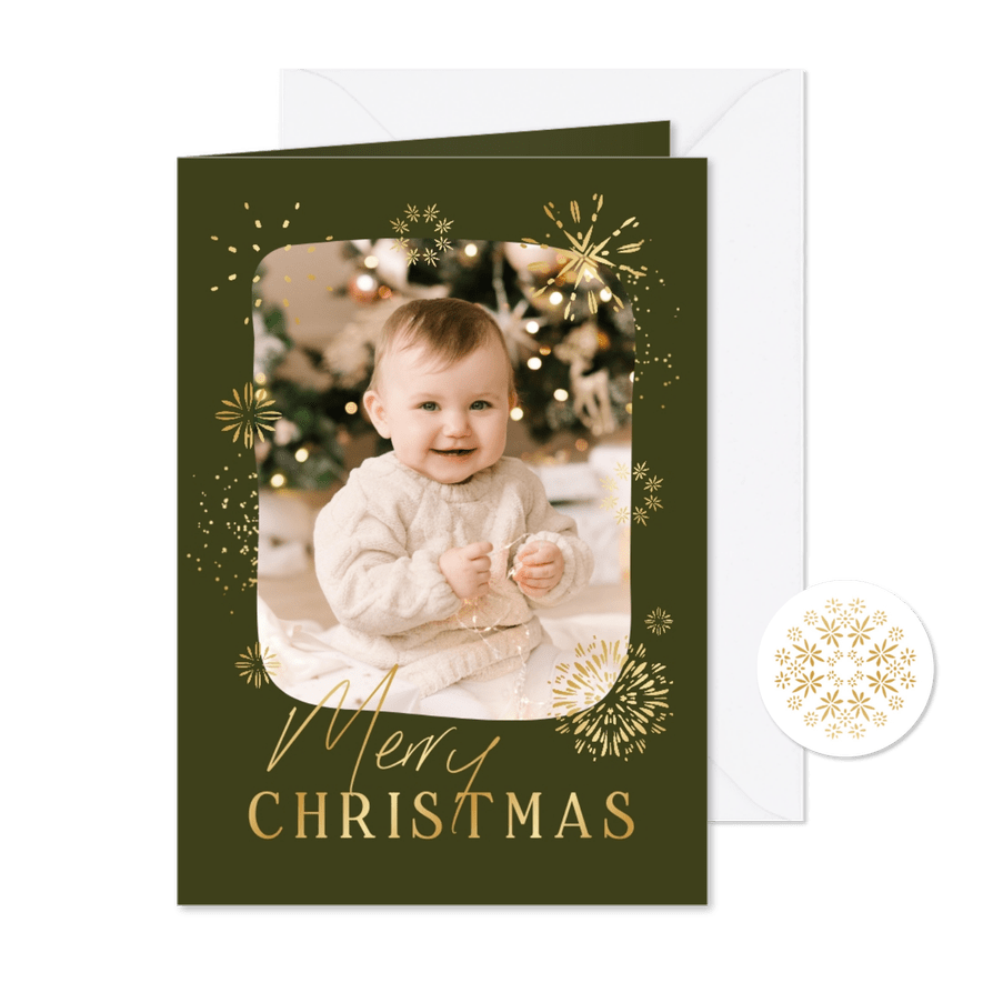 Kerstkaart sprankelend goud vuurwerk foto merry christmas - Kaartimpressie