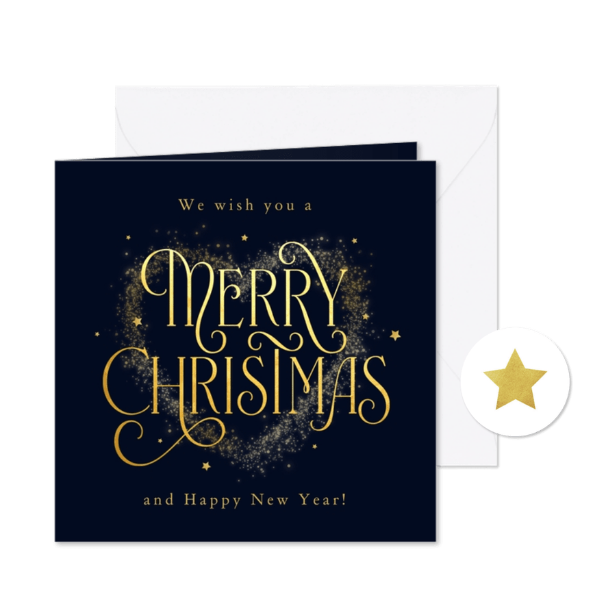 Kerstkaart sprankelend hart merry christmas sterren goud - Kaartimpressie